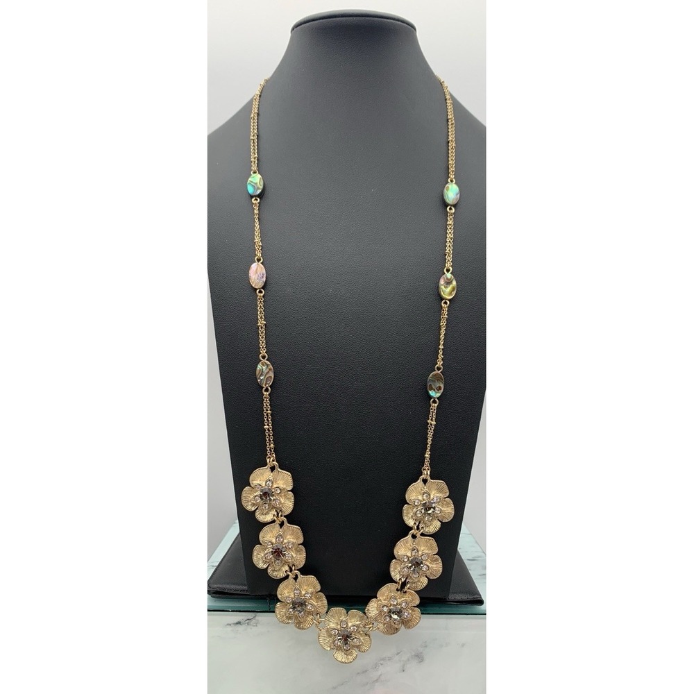 NWT Lydell NYC Gold Tone Abalone Station Flower Smokey Rhinestone Necklace 26"